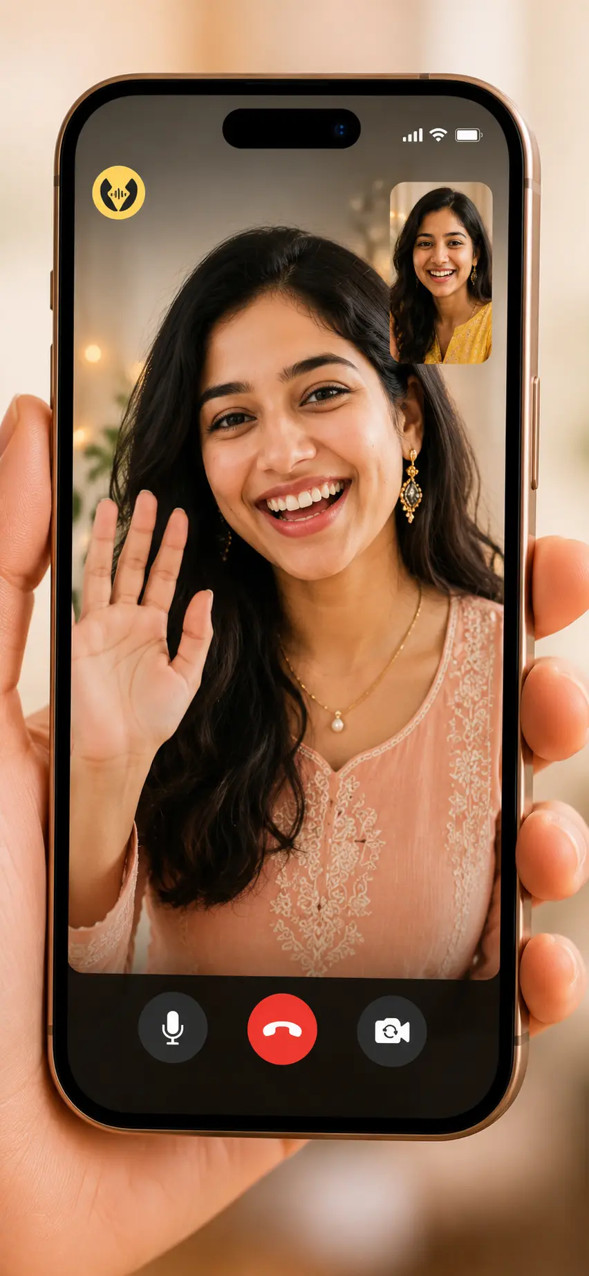 A live Voizo call — mute, speaker, and end-call controls with a Play Game invite
