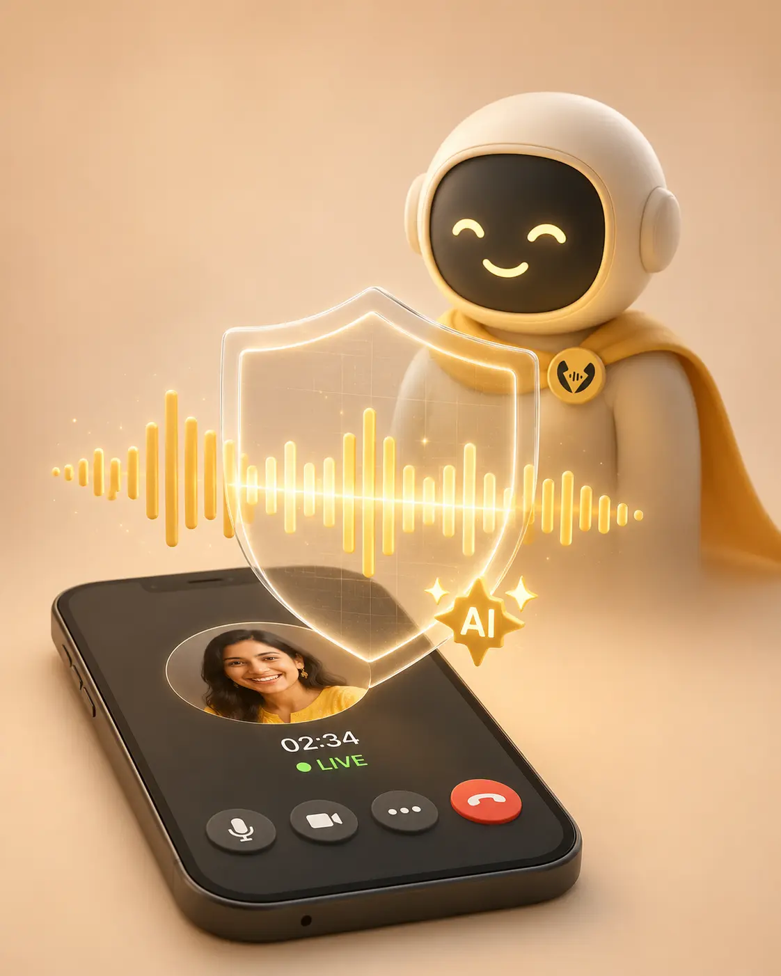 A friendly AI guardian shielding a live call — every call is AI-moderated.