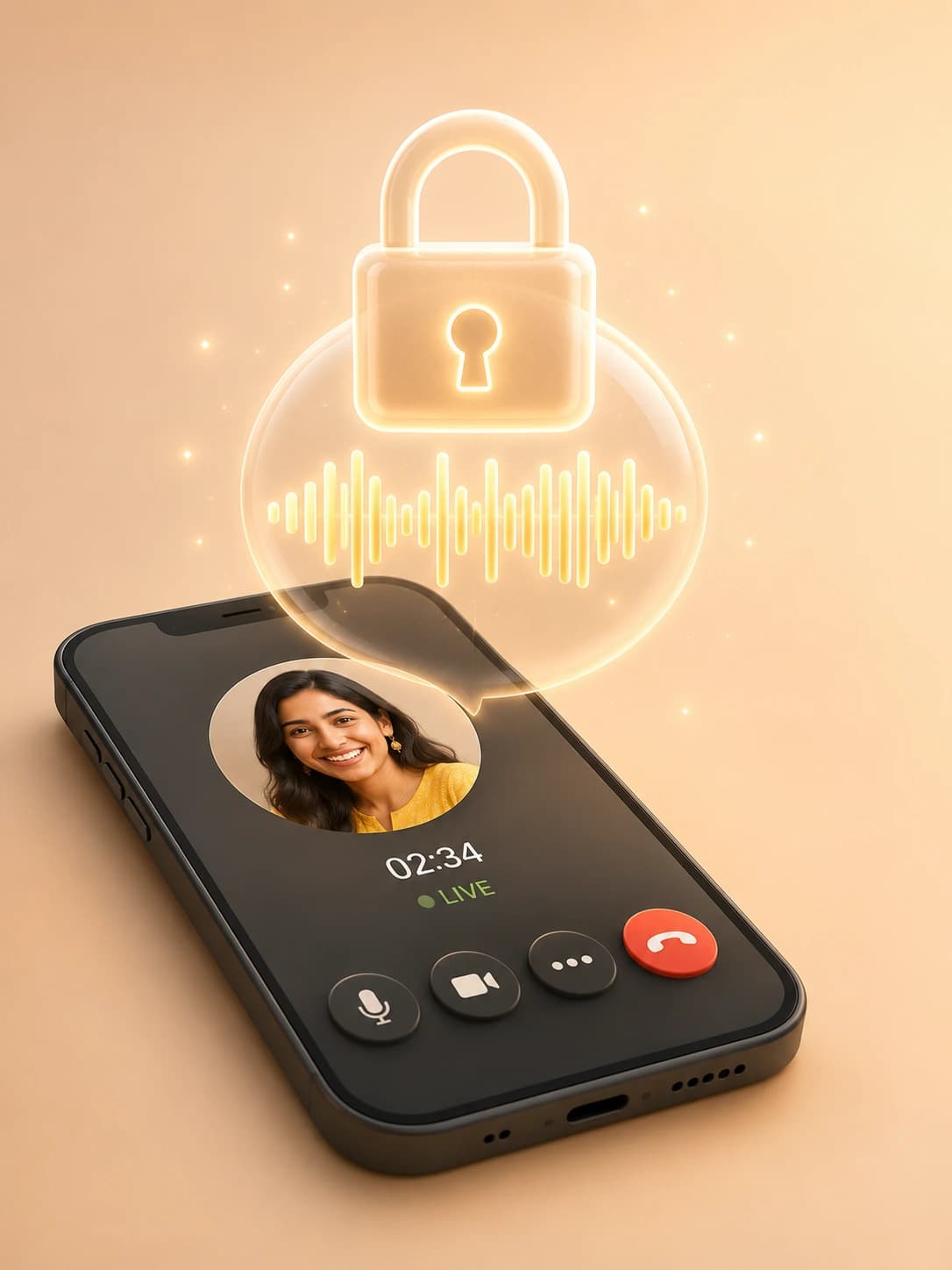 A private call sealed inside a padlocked speech bubble — what's said stays between the two people.